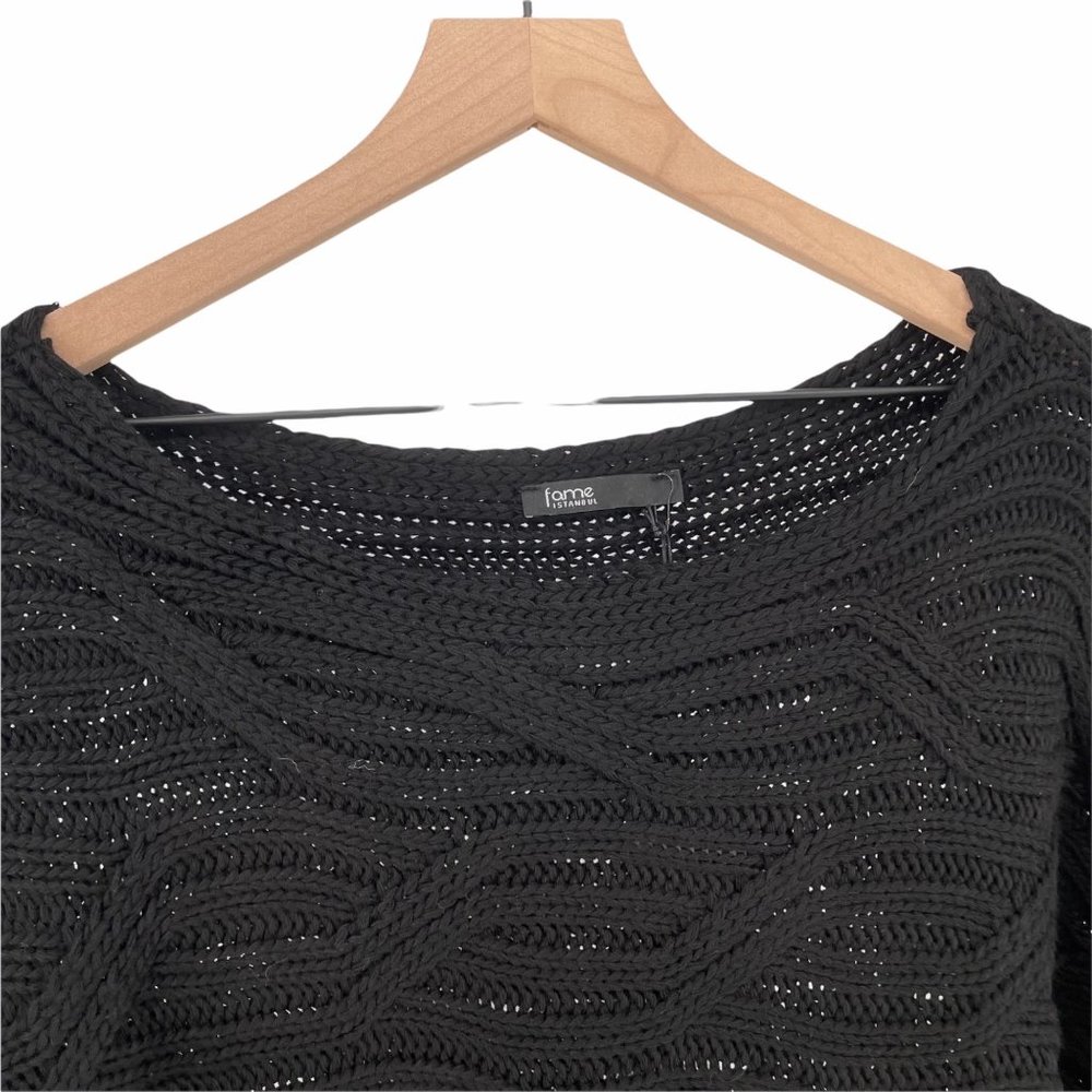 Fame Istanbul black cropped boatneck chunky knit relaxed dolman sweater one size - Picture 6 of 12